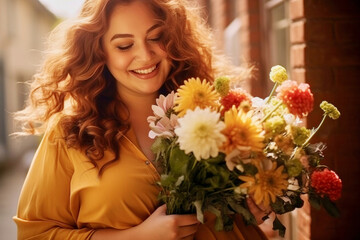 Wall Mural - Women's Day celebration. Fat plump beautiful attractive satisfied cheerful cute smiling woman with flowers