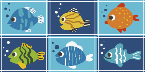 Poster - Tile pattern with fish. Vector pattern with fish alternating on tiles.