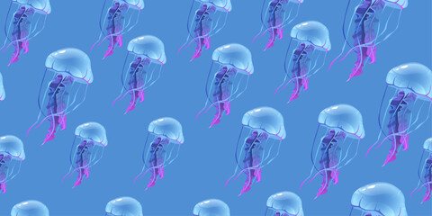 Canvas Print - Jellyfish in the sea, seamless pattern of repeating jellyfish.