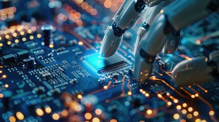 Poster - Robotic hand placing a microchip on a glowing blue circuit board, highlighting advanced technology and precision