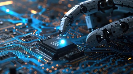 Poster - Robotic hand placing a microchip on a glowing blue circuit board, highlighting advanced technology and precision