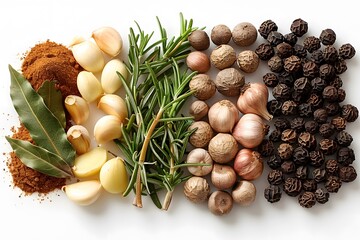 Wall Mural - Assorted Culinary Spices and Herbs: Garlic, Rosemary, Nutmeg, Bay Leaves, Peppercorns