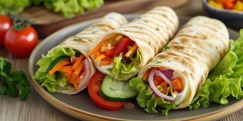 Poster - Three wraps of food with lettuce, tomatoes, and carrots on a plate. The plate is on a wooden table