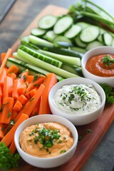 Poster - A wooden board with three bowls of dip and three bowls of vegetables