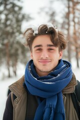 Poster - A man with a blue scarf and a brown vest is smiling in the snow. Concept of warmth and happiness despite the cold weather