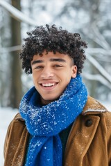 Wall Mural - A young man with curly hair is smiling and wearing a blue scarf. He is standing in the snow and he is enjoying the winter weather