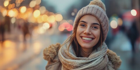 Wall Mural - A woman wearing a hat and scarf is smiling at the camera. The scene is set in a city street with cars and people walking around. The woman is enjoying the winter weather and the city atmosphere