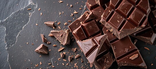 Wall Mural - Many pieces of chocolate bars on a black background