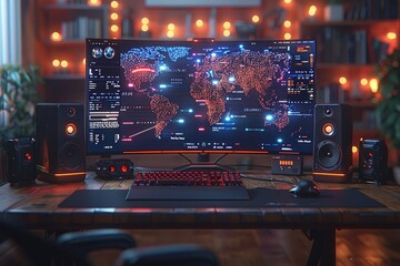 Poster - A Gamer s Desktop with World Map Display on Curved Monitor