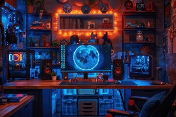 Poster - A Gaming Setup with a Blue and Orange Themed Lighting Scheme