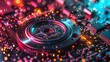 © horizon - Close-up of open hard drive, rainbow reflection on disk platter, circuit board background, neon lighting, computer internals, tech components, cyberpunk aesthetic.