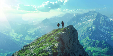 Two hikers reaching the summit of a majestic mountain, taking in the breathtaking view below.