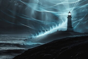 Wall Mural - Contemporary Art Collage of Lighthouse Illuminating Dark Waters

