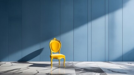 Wall Mural - A large blue wall with a small yellow chair in front, marble texture floor