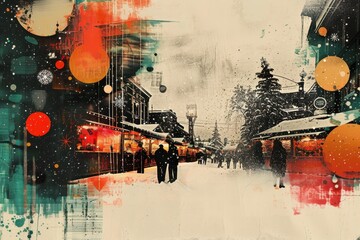 Wall Mural - Contemporary Art Collage of Snowy Christmas Market

