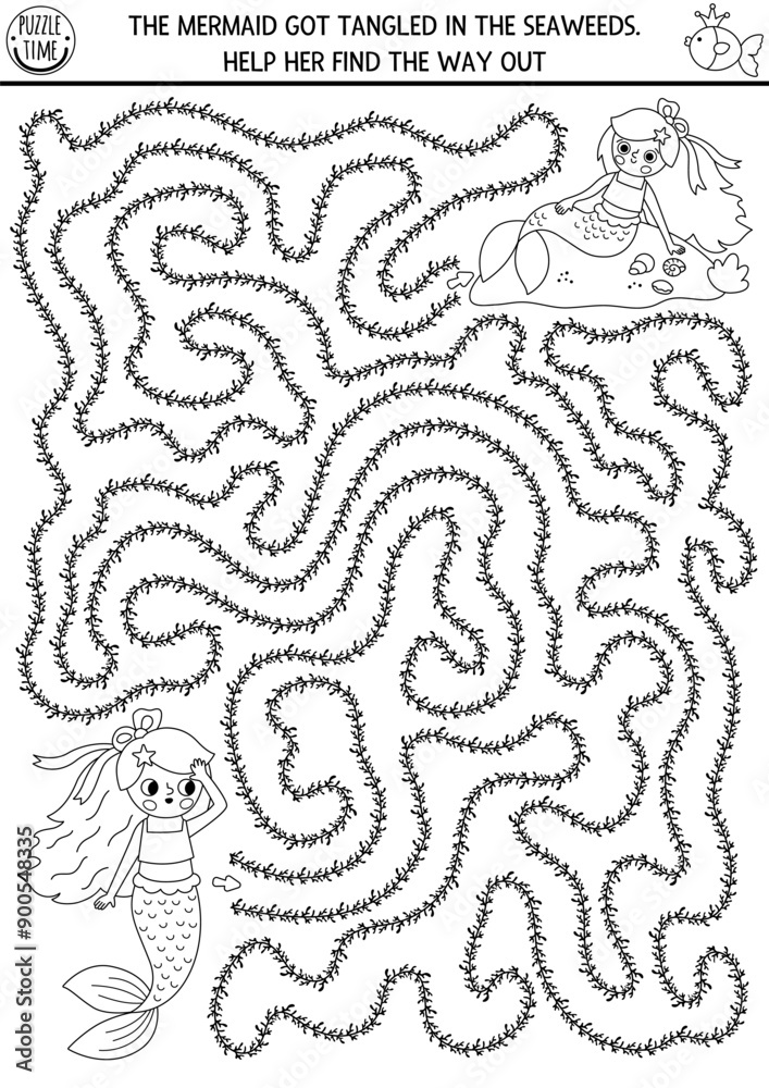 Mermaid black and white maze for kids shaped as seaweeds. Marine ...