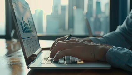Poster - Man Engaged in Financial Analysis While Typing at Laptop in Bright Office Setting