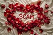 © scorpiries2004 - Rose petals decorated in heart shaped with a word 'scam' inside it.