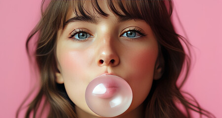 Wall Mural - a pretty girl inflating a bubble of chewing gum