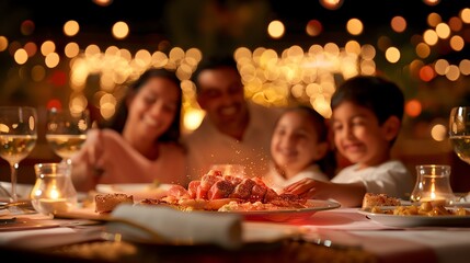 Family celebration, warm smiles and laughter around a festive dinner table, sparkling lights in the background enhance the joyful atmosphere as delicious food is shared.