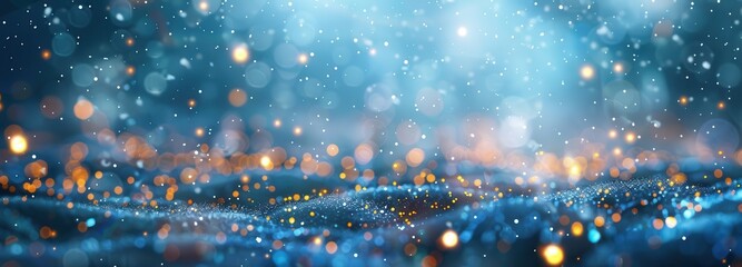 Wall Mural - Blurred background of blue and white snow with golden bokeh lights.