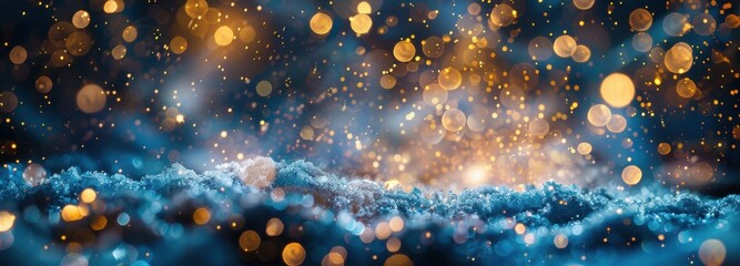 Wall Mural - Blurred background of blue and white snow with golden bokeh lights.