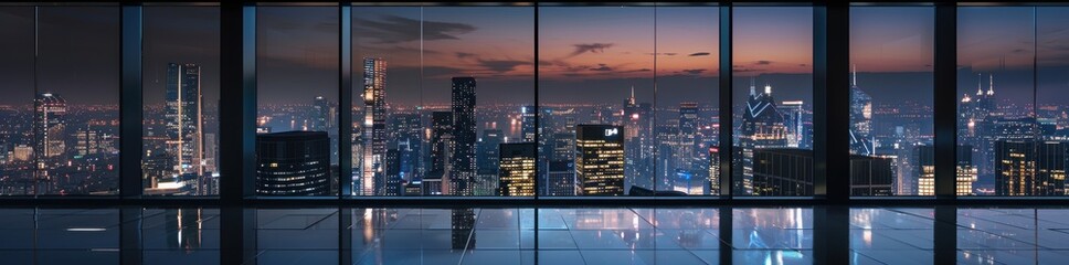 Wall Mural - empty office room with floor to ceiling windows overlooking the city skyline at night, skyscrapers, city lights