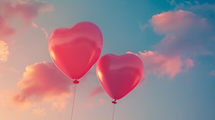 Two pink balloons on panoramic sky background, love and couple concept. 