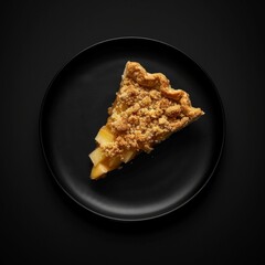 Wall Mural - Slice of delicious apple crumb pie on a black plate. Minimalistic and appetizing food photo for culinary blogs and recipe sites. Ideal for food styling and dessert presentations. AI