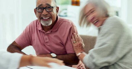 Wall Mural - Happy, results and senior couple talking with a doctor about surgery, cancer or news on health insurance and patient hearing report. Medical care, support and elderly woman with relief listening