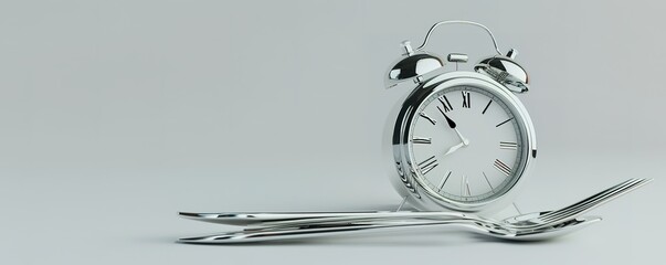 A silver alarm next to a tablespoon on a white background