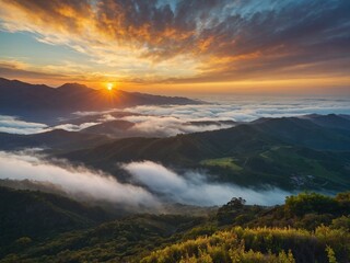 Sunrise or sunset with golden sunlight and soft blue clouds above mountain peak