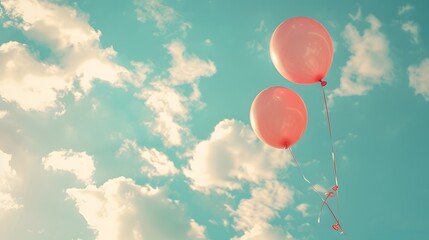 Two pink balloons on panoramic sky background, love and couple concept. 