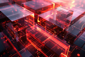 Wall Mural - close up horizontal glowing illustration of transparent geometric red blocks abstract background