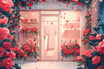 Wall Mural - A store front with a white dress hanging in the window