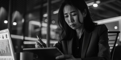 Poster - A woman sitting at a table with a tablet computer