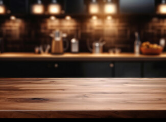 Aufkleber - Empty wooden tabletop for product display with blurred kitchen background