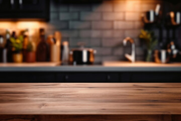 Aufkleber - Empty wooden tabletop with blurred kitchen background for product display