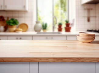 Poster - Empty wooden tabletop with stacked bowls for product placement and blurred kitchen background