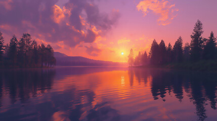 Wall Mural - A beautiful sunset over a calm lake