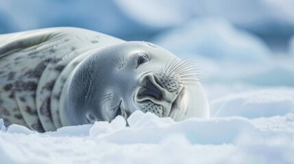 Poster - A seal is laying on the snow, looking at the camera