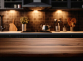 Poster - Empty wooden tabletop with blurred kitchen background. Ideal for cooking inspiration or home decor projects