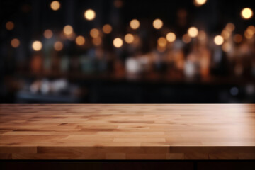 Aufkleber - Empty wooden tabletop with blurred restaurant background, ideal for product placement
