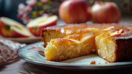 Sticker - Delicious homemade apple pie on a plate with fresh apples in the background. Perfect for dessert or tea time. Close-up food photography showcasing warm tones. AI