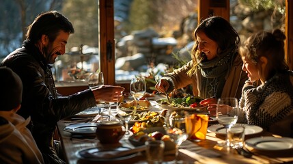 Wall Mural - Family of Andorra. Andorran.A warm and joyful family gathering around a beautifully set dinner table, sharing a hearty meal in a cozy, rustic cabin environment.#fotw