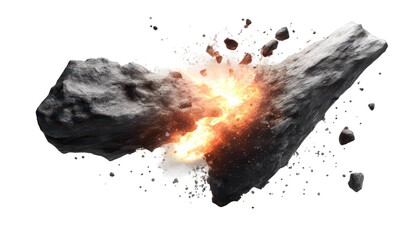 Explosive rock fragment bursting apart, isolated on transparent background 