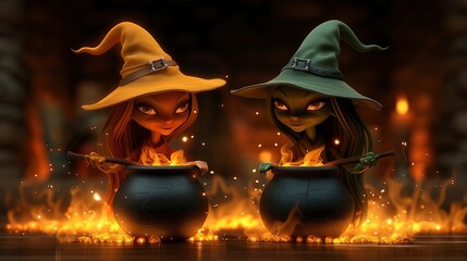 Wall Mural - Two Witches Stirring Cauldrons Over Fire