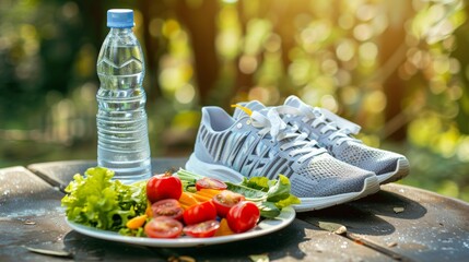 Sneaker, healthy food and water on green park outdoor. Concept of exercise and health eating.