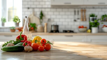 Kitchen table with various fresh vegetables and fruits for healthy and diet food with copy space.