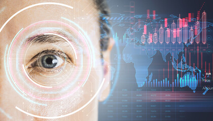 Poster - Close-up of human eye with digital financial data hologram overlay, world map, and charts.